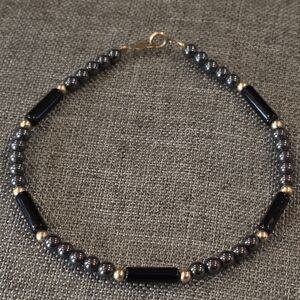 Vintage Hematite Onyx Beaded Bracelet 14K GF Clasp